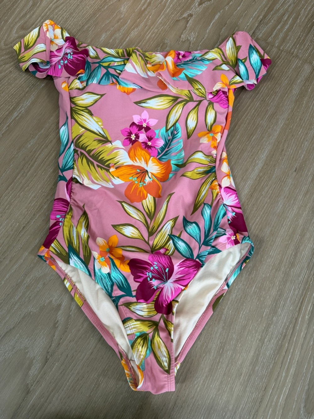 Kona Sol Pink Tropical Floral Off Shoulder Ruffle One Piece Swimsuit Small